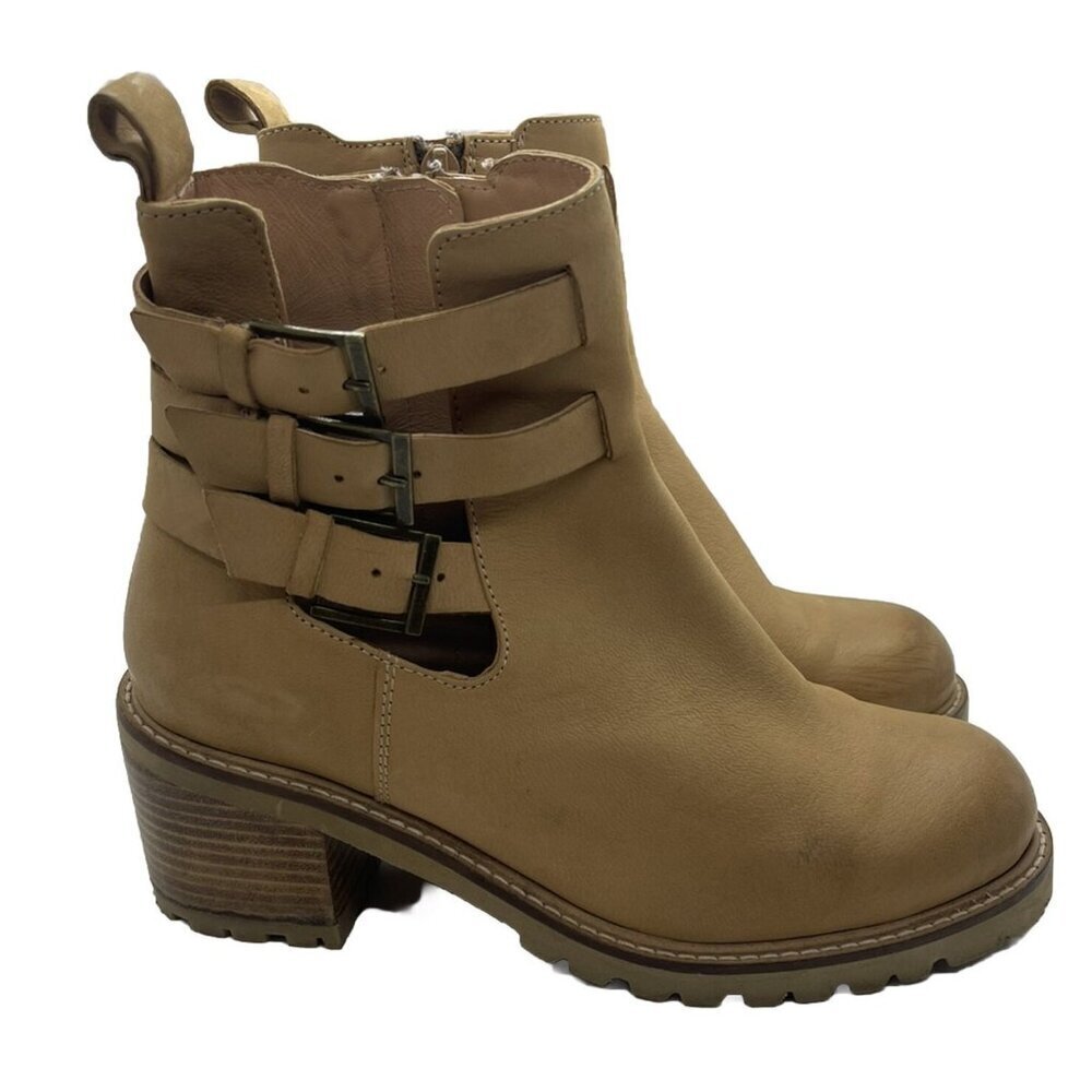 Seychelles Women's Give It a Whirl Ankle Boot Leather 7.5 Tan Nubuck Block Heel